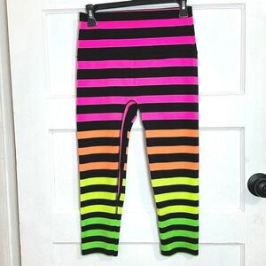 K-DEER Neon Rainbow Signature Stripe Capri Leggings Black Pink High Waist Large